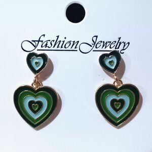 Green Enamel Double Heart Dangle Earrings